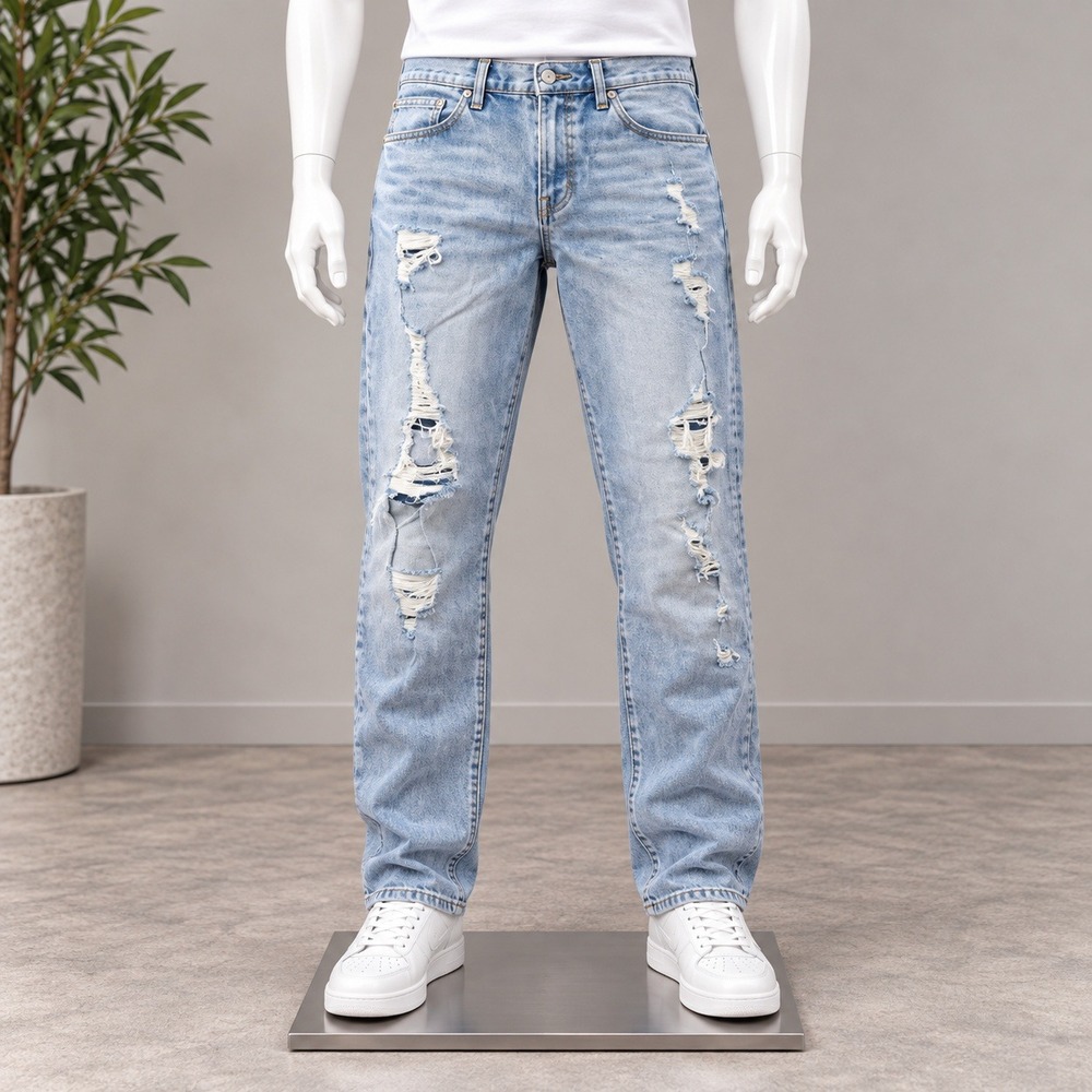 H&M &Denim Skinny Jeans Mens 32x32 Light Wash Distressed Ripped Blue